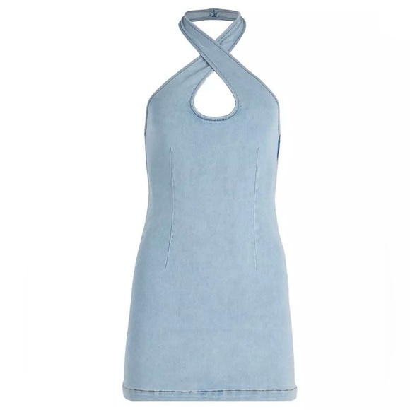 NWT RETROFETE SER.O.YA Cutout Halter Neck Open Back Denim Bodycon Mini Dress L - Picture 8 of 9